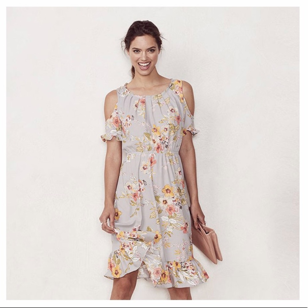 LC Lauren Conrad gray cold shoulder floral dress